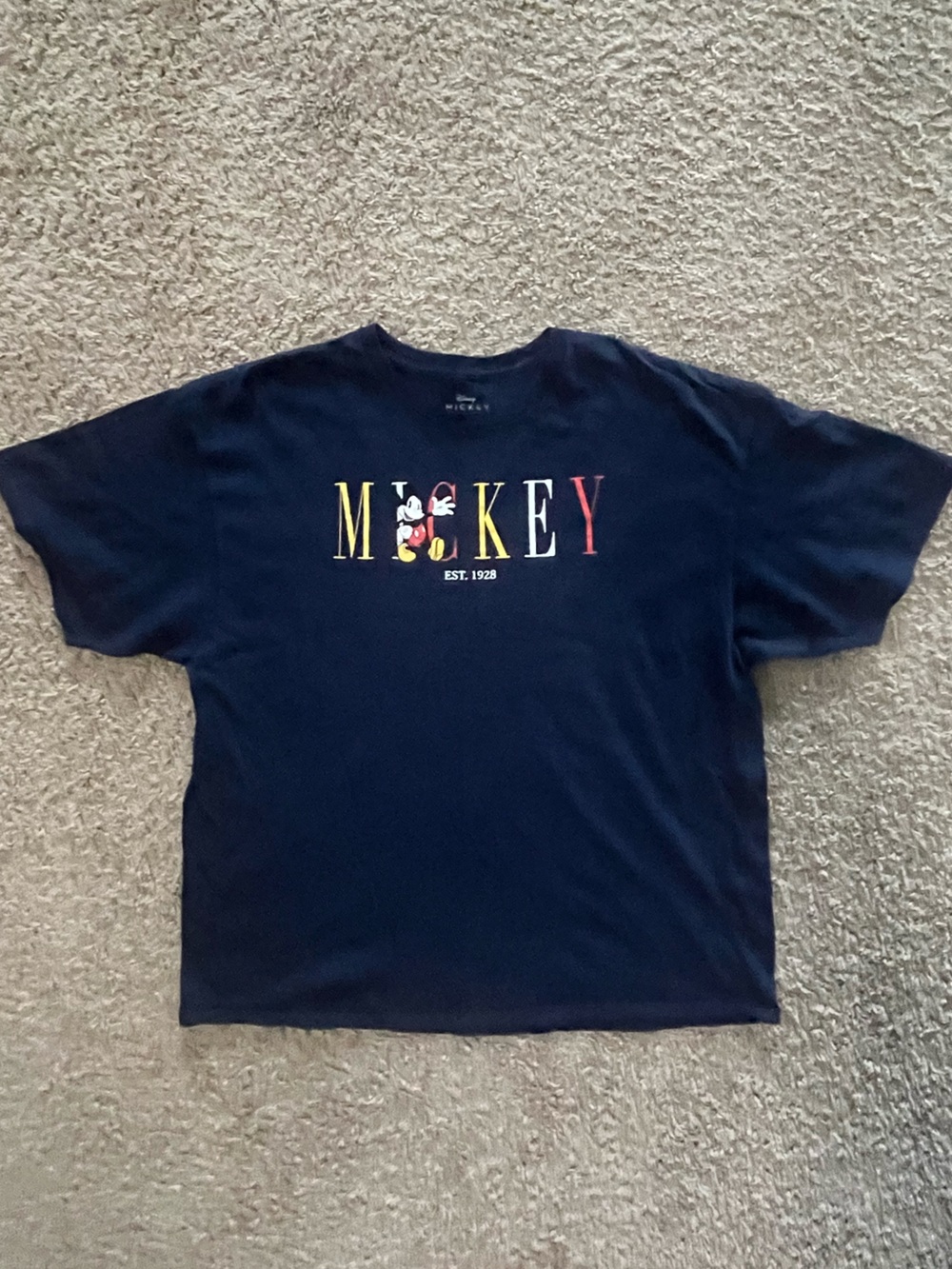 Disney Mickey Mouse 2XL T Shirt Navy Blue Mickey Waving w Colorful Spell Out
